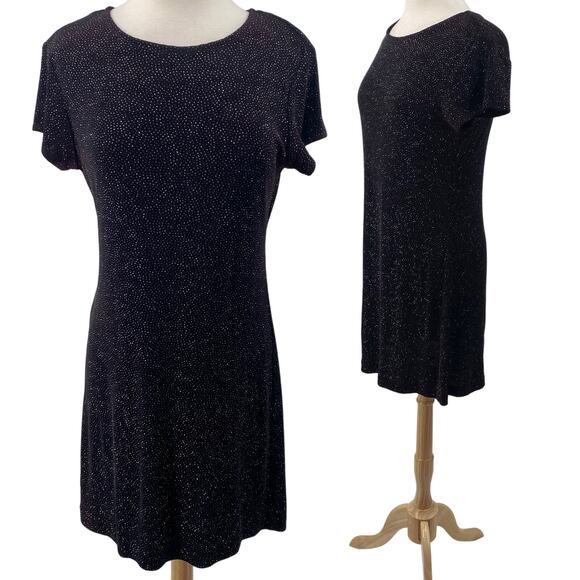 Vintage 90s Betsy & Adam Mini Dress Sparkle Stretch Knit Black Silver NEW Medium - Picture 1 of 9